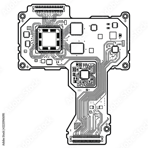 Circuit board with integrated circuits and traces on a white background