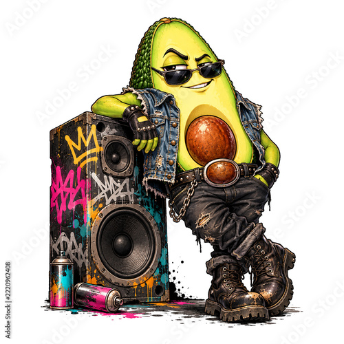 Cool Avocado Hip Hop Cartoon Character Leaning on Graffiti Speaker with Urban Streetwear Illustration