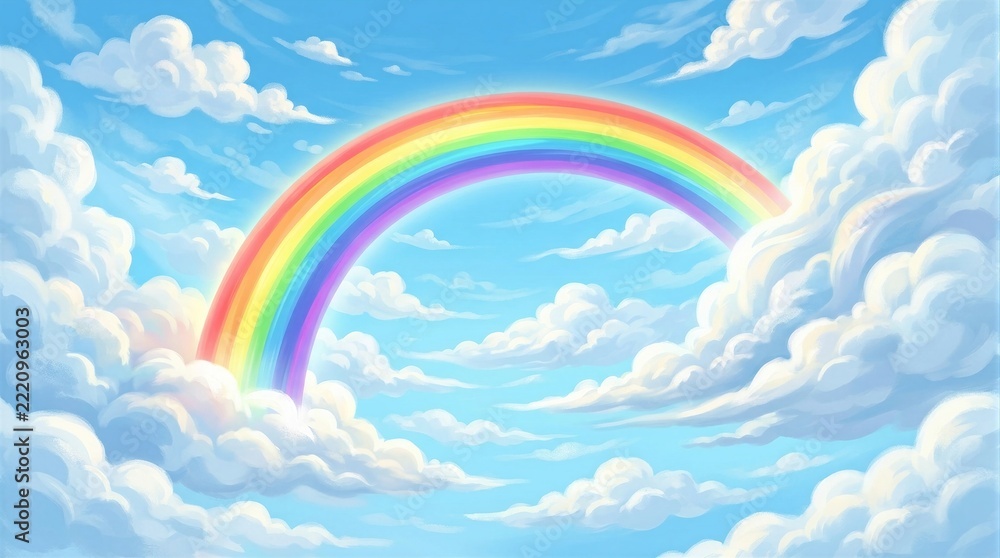 Fototapeta premium Rainbow arching across cloudy blue sky over daytime cloudscape
