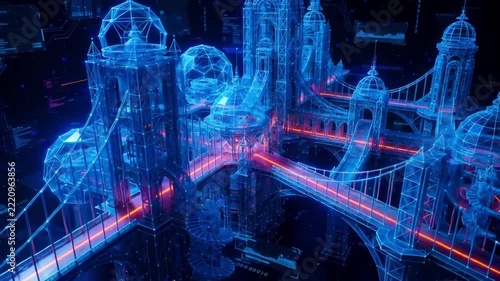 Futuristic digital cityscape hologram with glowing data networks and architectural wireframe infrastructure