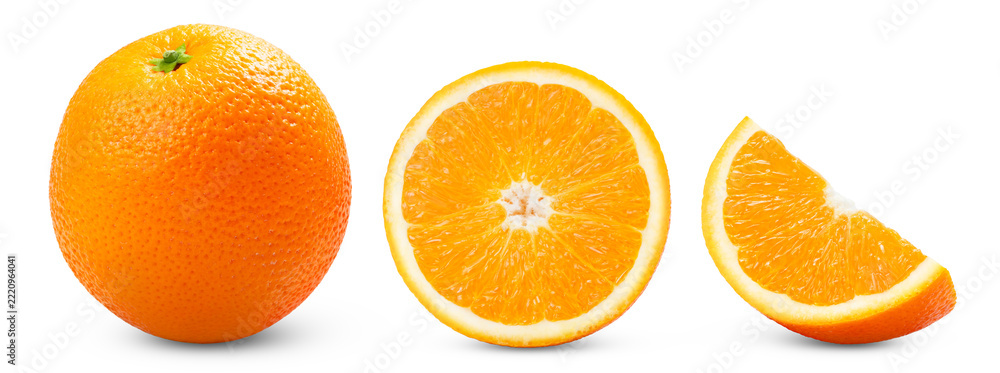 Fototapeta premium Citrus orange fruits isolated set. Whole ripe orange fruit, cut in half and slice of orange isolate on white background.