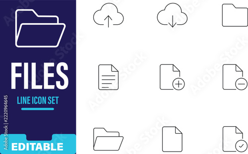 Editable set of file and folder line icons for document management