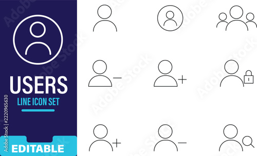 Editable users line icon set