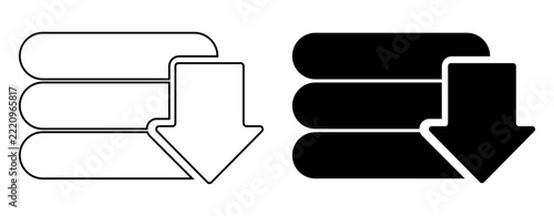 Download arrow icon with horizontal lines, outline and filled vector symbol on pure white background