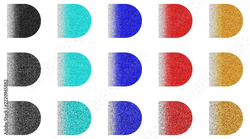 Gradient textured half circles vector set with colorful halftone noise fade effects on white backdrop