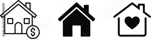 House with dollar coin, solid home silhouette and house with heart icon set in black outline and solid styles for property price, home loan, investment, real estate finance, love and home concepts