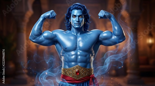 Mythical Blue Skinned God Flexing Muscles Powerfully