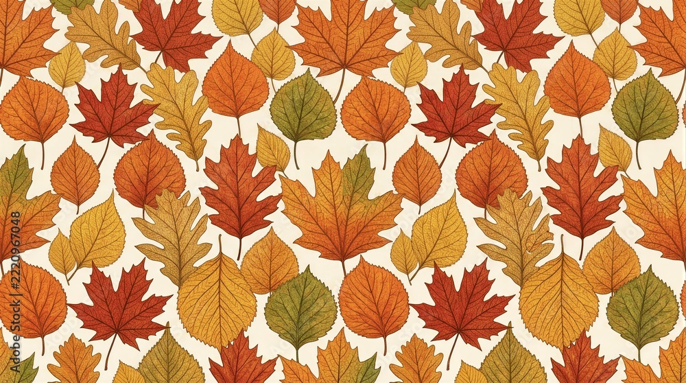 Fototapeta premium Assorted autumn leaves scattered on seamless patterned background
