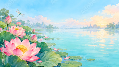 Lotus Pond and Dragonfly with Copy Space