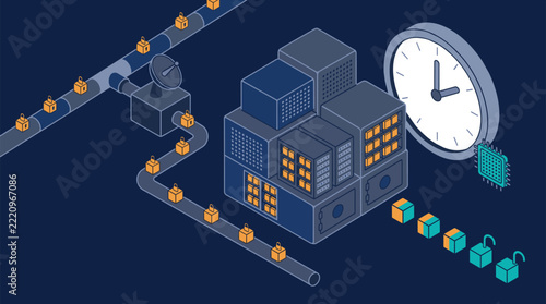 Real time encrypted data pipeline flowing into servers isometric