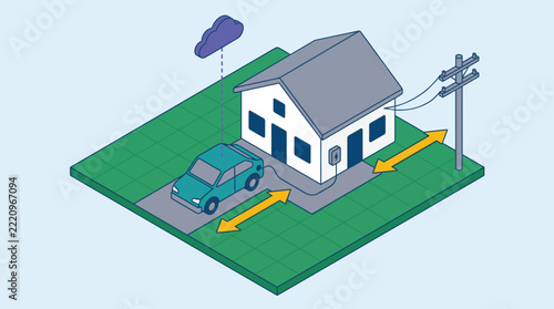 Home ev charging with house power line and cloud isometric vector