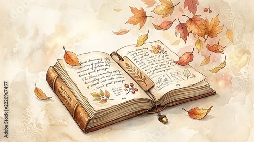 Antique open diary with handwritten poem and autumn leaves illustration
