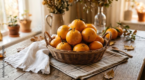 Rustic wicker basket of fresh organic oranges on kitchen table

