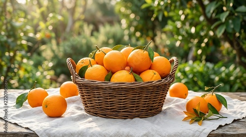 Wicker basket filled with ripe fresh oranges in sunny garden
