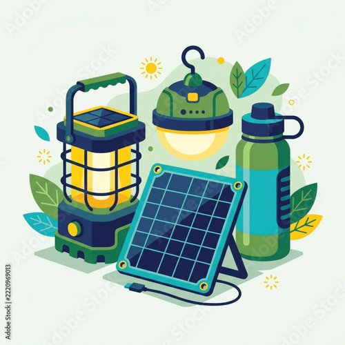 Solar panel headlamp and water bottle in a flat vector illustration