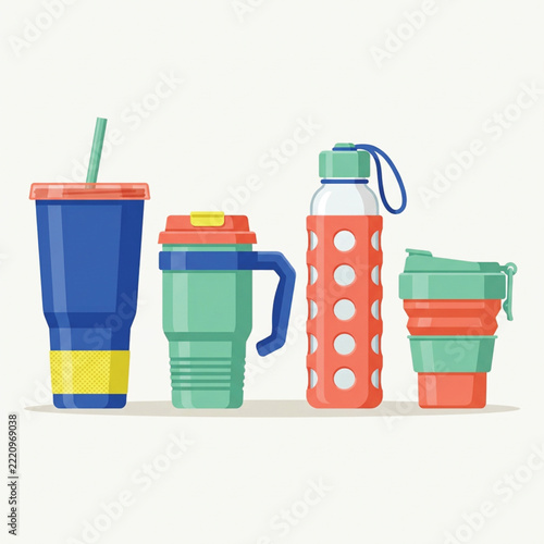 Assorted reusable drinkware in a flat vector illustration