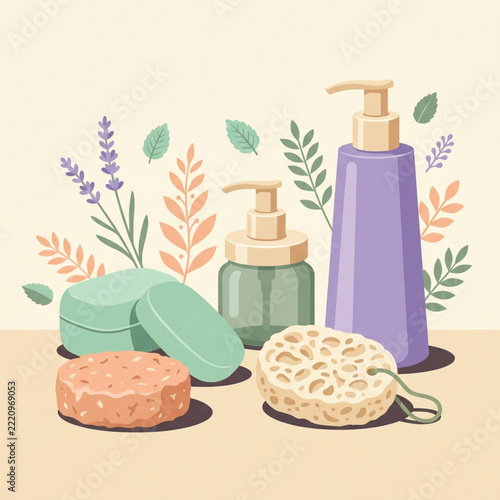 Assorted bath products and botanical sprigs a vector illustration