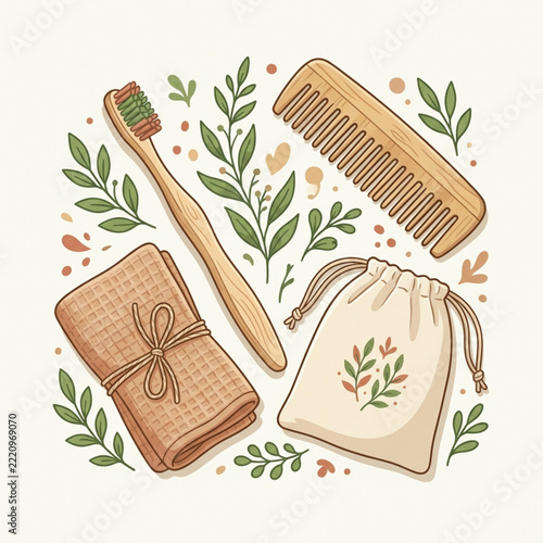 Wooden toothbrush comb and washcloth with botanical illustration vector graphic