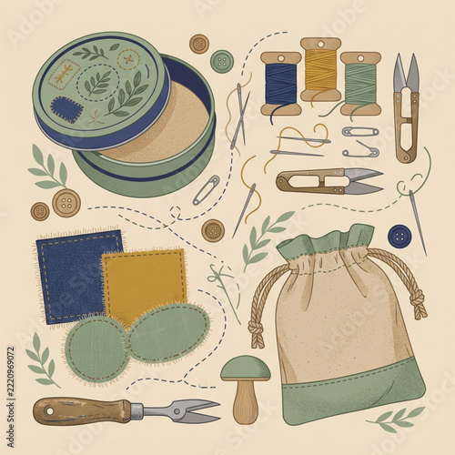 Sewing kit elements arranged with spools scissors and patches on a beige background