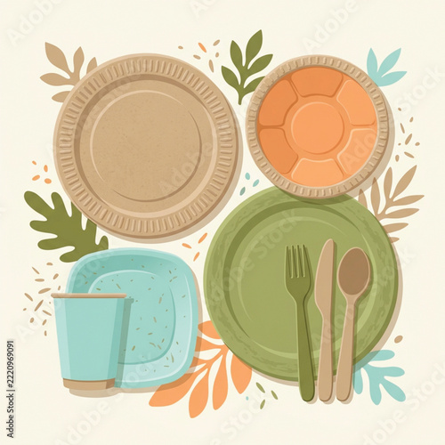 Assorted disposable tableware with foliage a vector illustration