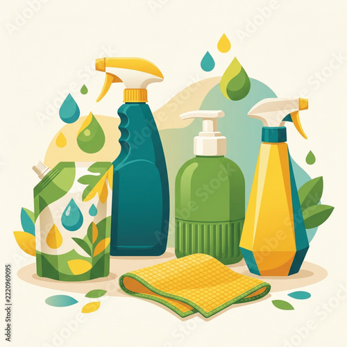 Cleaning supplies arrangement with spray bottles and dispenser vector illustration