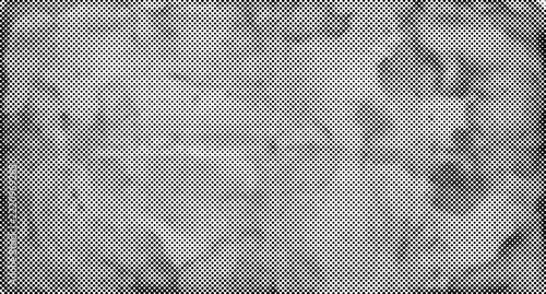 Distressed grunge texture with black and white halftone dot pattern, weathered surface overlay with faded ink spots and grainy noise effect