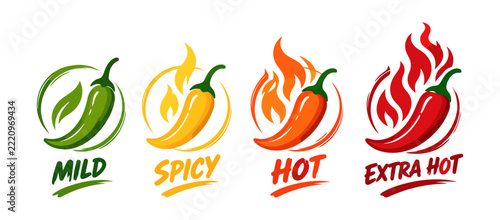 Chili Pepper Spice Level Icon Set, Mild Spicy Hot Extra Hot Labels, Red Chili with Fire Flames, Food Packaging Badges, Hand Drawn Vector Illustration