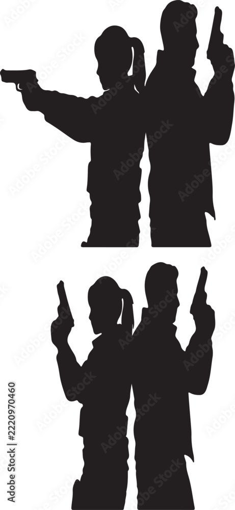 Fototapeta premium Black silhouettes of a man and a woman holding handguns, standing back to back, isolated on a white background, action or crime scene