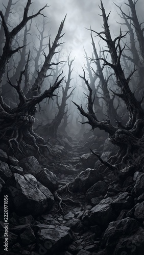 Eerie Forest Path with Gnarled Trees and Rocks
