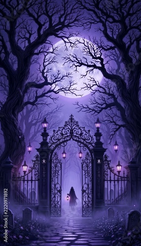 Mysterious Moonlit Cemetery Gate with Ghostly Figure