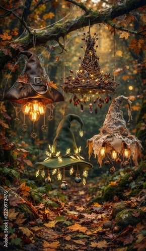 Four Enchanted Witch Hats with Lights in Autumn Forest
