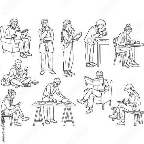 Diverse people engaged in reading and studying activities with varied postures and settings