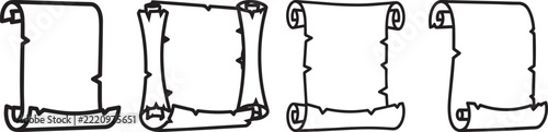 Set of vintage parchment paper scrolls with rolled ends and torn edges in black and white outline vector style