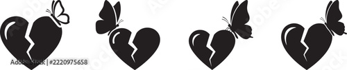 Broken heart icon set with butterfly landing on crack in black silhouette style, emotional recovery and healing vector isolated on white background