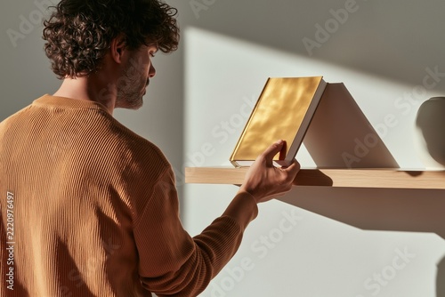 Young man selecting golden hardcover book from wooden shelf in minimalist sunlit interior