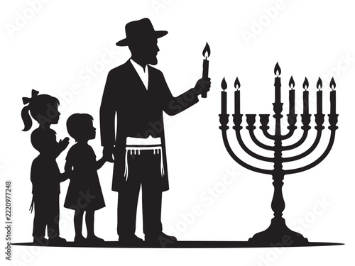 Obraz na plátně A jewish father lighting the menorah candles with his young children during the
