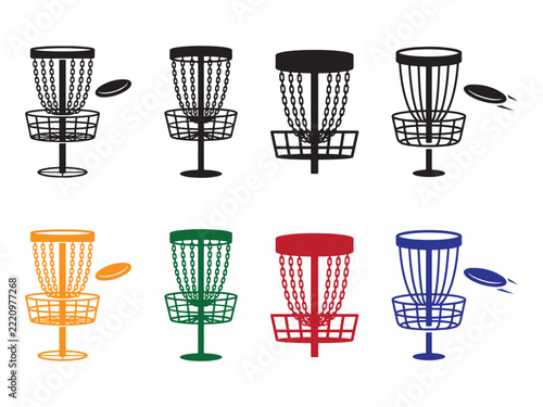 Set of colorful disc golf basket icons with flying discs isolated on a white background