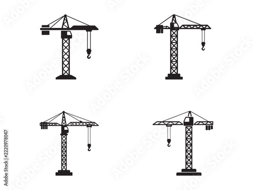 Set of four black and white tower crane icons for construction and industrial building projects