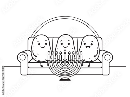 Cute cartoon potato characters sitting on a couch with a traditional hanukkah menorah for a coloring page