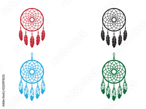Set of four colorful dreamcatcher illustrations with intricate web patterns and hanging feathers on a white background