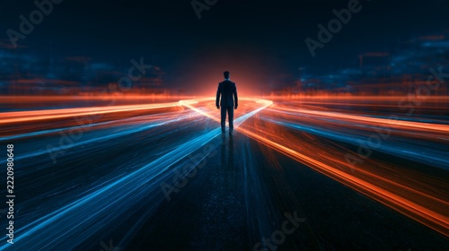 Businessman Standing at Crossroads Surrounded by Luminous Lights Representing Choices and Opportunities