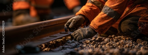 Worker in Protective Gloves Placing Steel Rail Section on Ground with Attention to Detail in Industrial Setting
