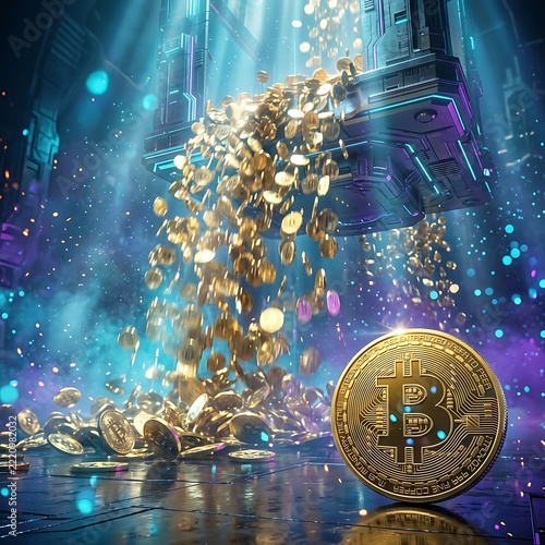 Golden bitcoin coin falling with many coins on a dark blue digital background