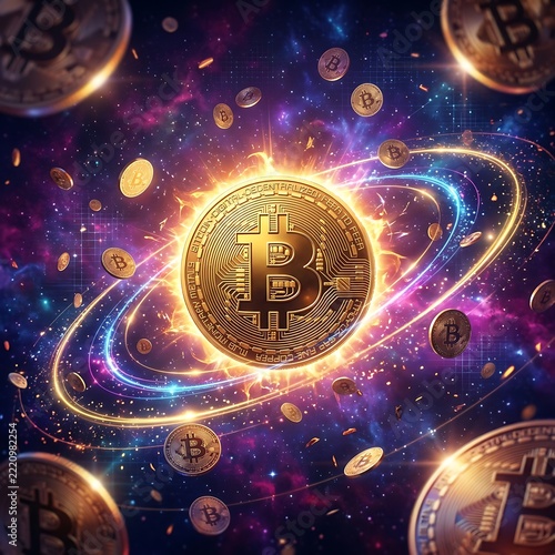 Golden bitcoin coin floating in space surrounded by glowing orbital light rings