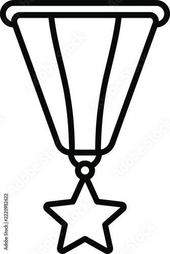 Simple Black Monoline Outline Icon of a Military Star Medal Hanging From a Ribbon on White Background