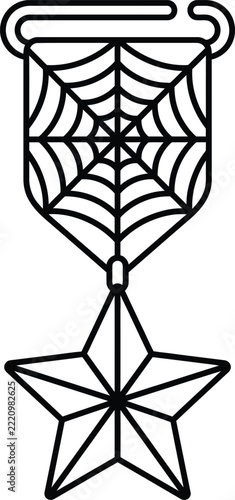Star Shaped Medal Icon With Intricate Spider Web Ribbon Pattern in Monoline Outline Style on White Background