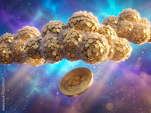 Golden bitcoin coin floating under clouds made of many shiny gold coins