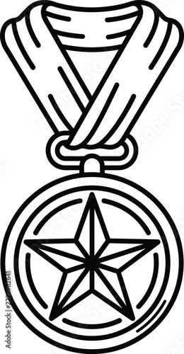 Vintage Award Medal Icon With Star Emblem Hanging From Draped Ribbon Outline for Recognition and Success Achievement