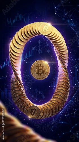 Golden bitcoin coin floating inside a vertical loop of many gold coins