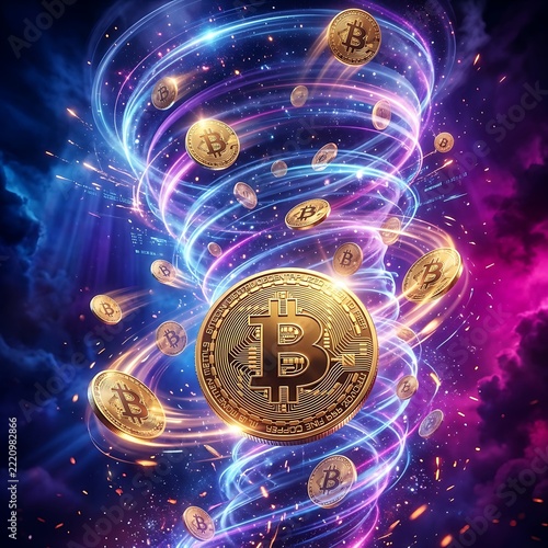 Golden bitcoin coin in the center of a glowing energy tornado of coins